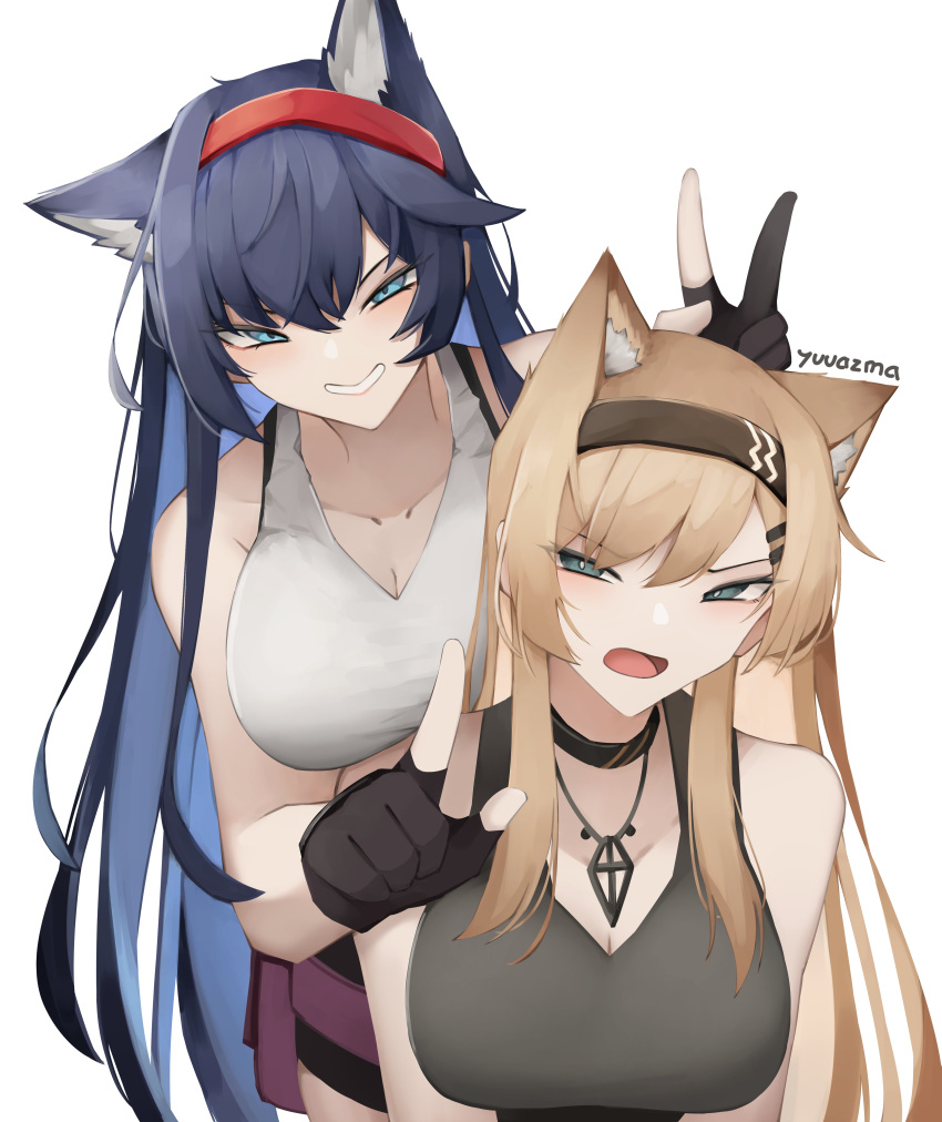 2girls absurdres animal_ears arknights bare_arms bare_shoulders black_gloves black_hair black_hairband black_tank_top blaze_(arknights) blonde_hair blue_eyes blue_hair breasts cat_ears colored_inner_hair commentary english_commentary gloves grin hairband highres horn_(arknights) looking_at_viewer multicolored_hair multiple_girls open_mouth red_hairband simple_background smile tank_top upper_body v white_background white_tank_top wolf_ears yuu_azma