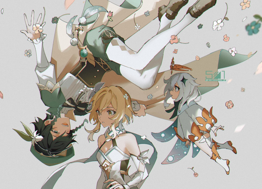 1boy 2girls aqua_hair argyle_clothes argyle_legwear bad_id bad_twitter_id beret blonde_hair braid brown_footwear buttons cape center_frills collared_cape commentary corset eyelashes falling_petals floating flower frills genshin_impact gradient_hair green_cape green_headwear green_shorts grey_background hair_flower hair_ornament halo hat loafers looking_at_another lumine_(genshin_impact) mechanical_halo multicolored_hair multiple_girls one_eye_closed open_mouth paimon_(genshin_impact) pantyhose parted_lips petals romper shirt shoes short_hair_with_long_locks shorts sidelocks simple_background star_(symbol) star_hair_ornament symbol-only_commentary teeth twin_braids ueauwa upper_teeth_only venti_(genshin_impact) vision_(genshin_impact) white_flower white_legwear white_romper white_shirt yellow_eyes