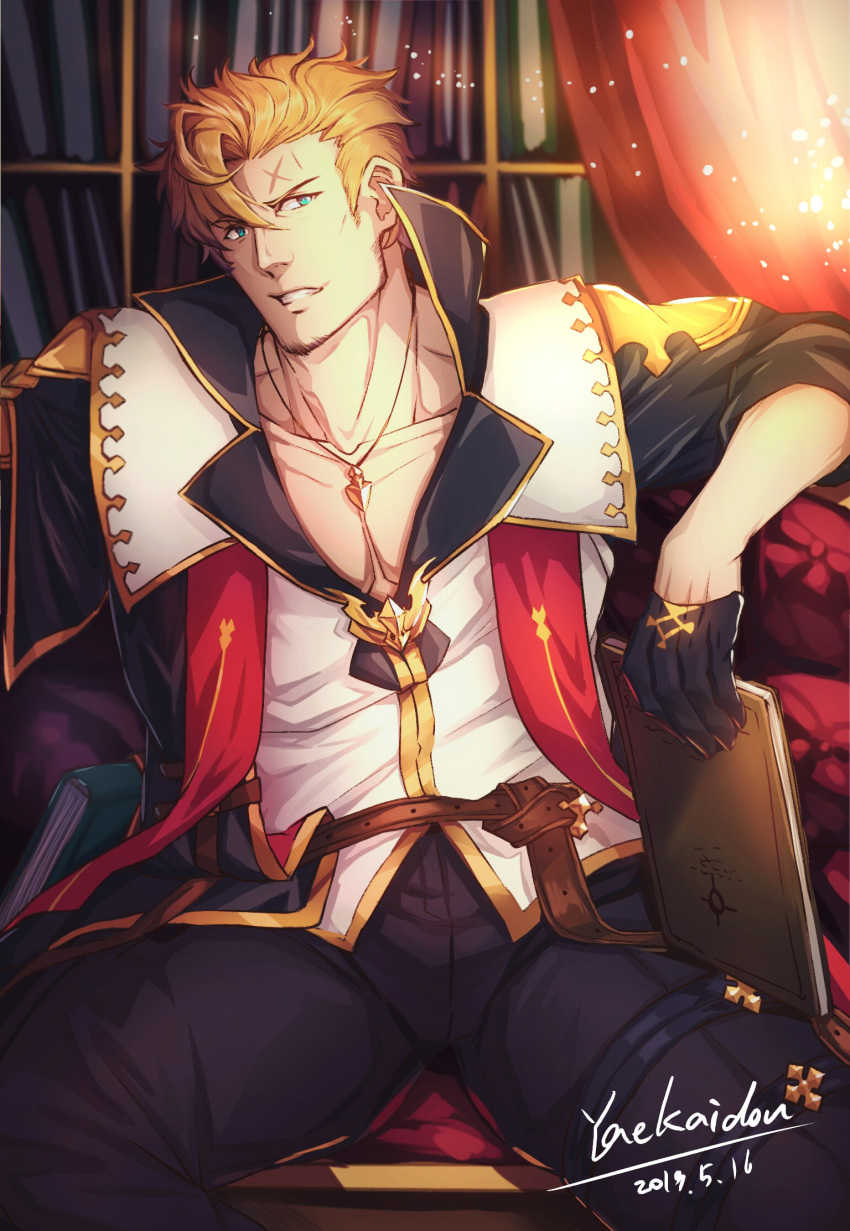 1boy bara between_pectorals black_pants bulge couch cross_scar curran_(dragalia_lost) dragalia_lost facial_hair feet_out_of_frame goatee hair_between_eyes harness head_tilt highres holding indoors jewelry looking_at_viewer male_focus mature_male muscular muscular_male necklace on_couch pants partially_unbuttoned pectoral_cleavage pectorals scar scar_on_face scar_on_forehead short_hair sideburns sitting solo thick_thighs thighs tight_clothes tight_pants yaekaidou