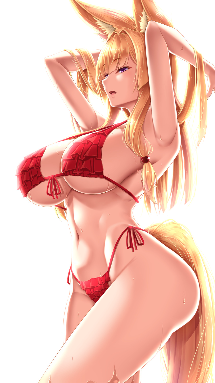 :o absurdres akitsuki_karasu animal_ear_fluff animal_ears armpits arms_behind_head arms_up bad_anatomy bare_shoulders bikini blonde_hair blurry breasts cleavage collarbone commentary_request contrapposto covered_nipples cowboy_shot fanbox_reward female fox_ears from_side front-tie_bikini_top front-tie_top groin hair_between_eyes hair_bobbles hair_intakes hair_ornament half-closed_eyes halterneck highleg highleg_bikini highres huge_breasts kitsune_onee-san_(shuugetsu_karasu) large_breasts long_hair looking_at_viewer navel open_mouth original outdoors paid_reward purple_eyes red_bikini side-tie_bikini_bottom sidelocks solo standing stomach swimsuit thighs transparent_background underboob very_long_hair wading wet white_bikini