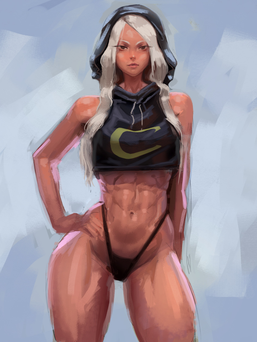 abs absurdres alternate_costume black_panties boku_no_hero_academia breasts brown_eyes contrapposto crop_top crop_top_overhang cropped_hoodie dark-skinned_female dark_skin faux_traditional_media female hair_over_shoulder hand_on_own_hip highleg highleg_panties highres hood hood_up hoodie long_eyelashes long_hair looking_at_viewer medium_breasts mirko muscular muscular_female no_ears no_pants nose painting_(medium) panties pink_lips rabbit_girl simple_background sleeveless solo standing swept_bangs thick_thighs thighs tomboy toned traditional_media ujac underwear watercolor_(medium) white_hair