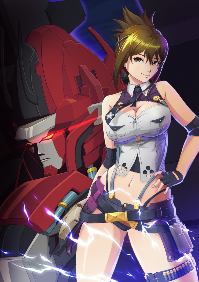 alternate_breast_size ammunition breasts brown_eyes brown_hair cleavage commentary emubi english_commentary female fingerless_gloves gloves glowing glowing_eyes granvang hand_on_own_hip highres kisaragi_chitose looking_to_the_side mecha medium_breasts midriff navel photoshop_(medium) red_eyes robot short_shorts shorts super_robot super_robot_wars super_robot_wars_v thigh_strap tied_hair