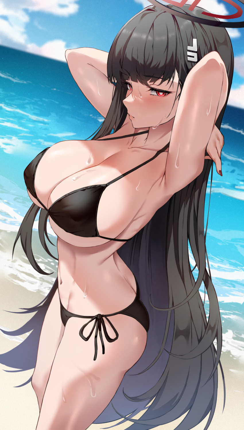 armpits arms_up ass beach bikini black_bikini black_hair blue_archive blue_sky breasts closed_mouth cloud day english_commentary female from_side hair_ornament hairclip halo halterneck highres large_breasts lessone long_hair navel ocean outdoors red_eyes red_nails rio_(blue_archive) side-tie_bikini_bottom sky solo stomach string_bikini swimsuit very_long_hair wet