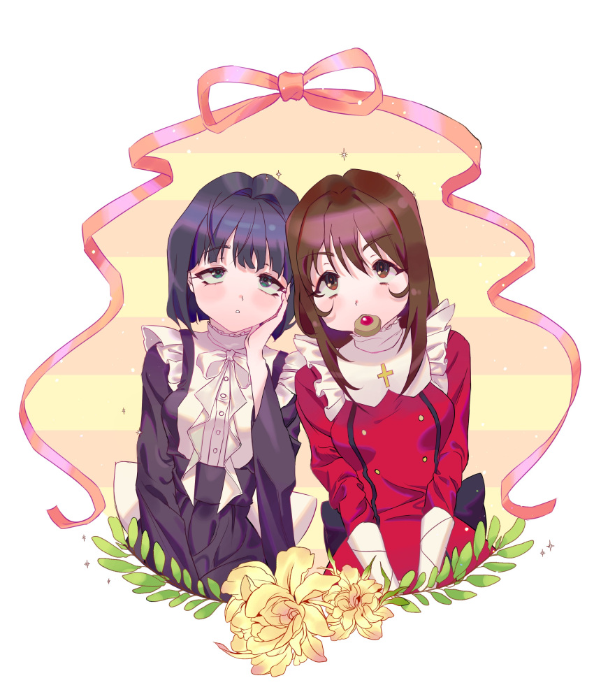 2girls absurdres black_dress blue_eyes blue_hair blush brown_hair corette cross cross_necklace dress erica_fontaine food_in_mouth frills hair_intakes hand_on_own_face highres jewelry kitaooji_hanabi looking_up multiple_girls necklace olive pink_ribbon red_dress ribbon sakura_taisen sakura_taisen_iii