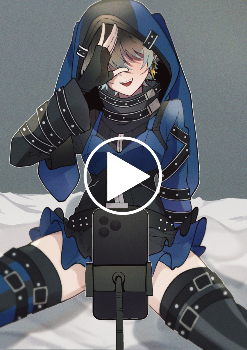 1boy absurdres animal_hood asymmetrical_legwear belt black_belt black_dress black_thighhighs blue_dress blue_hair blue_thighhighs brown_hair cellphone commentary cosplay crossdressing dress earrings effole_(fairy_fencer_f) effole_(fairy_fencer_f)_(cosplay) english_commentary facing_viewer fake_video film_grain fingerless_gloves gloves hair_over_eyes hand_up high_collar highres hood hood_up ike_eveland jewelry ki_sushi_taiyou long_sleeves male_focus microskirt miniskirt multicolored_clothes multicolored_dress multicolored_hair nijisanji nijisanji_en oerba_yun_fang open_mouth phone rabbit_hood short_hair sitting skirt smartphone solo spread_legs striped_clothes striped_thighhighs teeth thighhighs upper_teeth_only vertical-striped_clothes vertical-striped_thighhighs virtual_youtuber