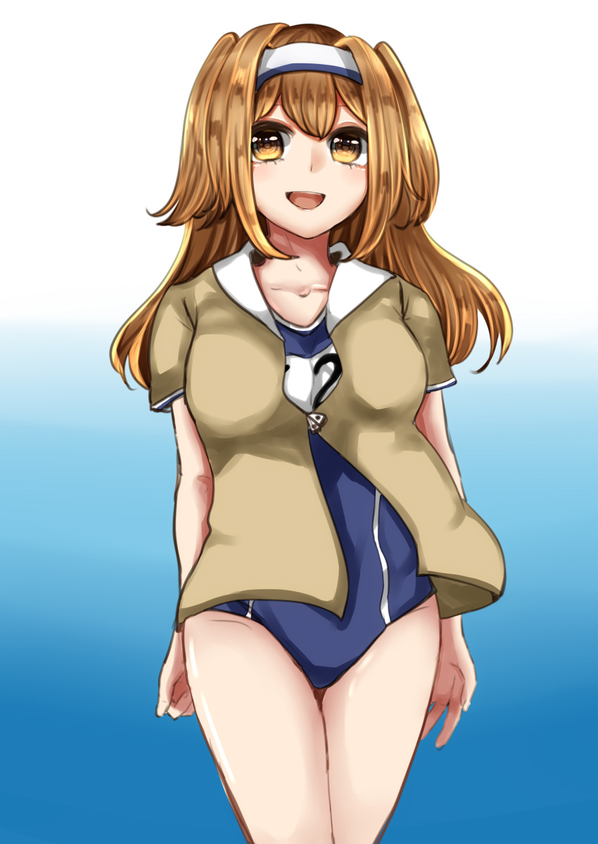 absurdres blue_background breasts brown_eyes clothes_writing collarbone cowboy_shot eyebrows_hidden_by_hair female gradient_background green_jacket hair_between_eyes hairband highres i-26_(kancolle) jacket kantai_collection light_brown_hair long_hair looking_at_viewer medium_breasts name_tag nanari_(nanari_nannari) new_school_swimsuit one-piece_swimsuit open_mouth sailor_collar school_swimsuit short_sleeves smile solo swimsuit swimsuit_under_clothes two-tone_hairband two_side_up