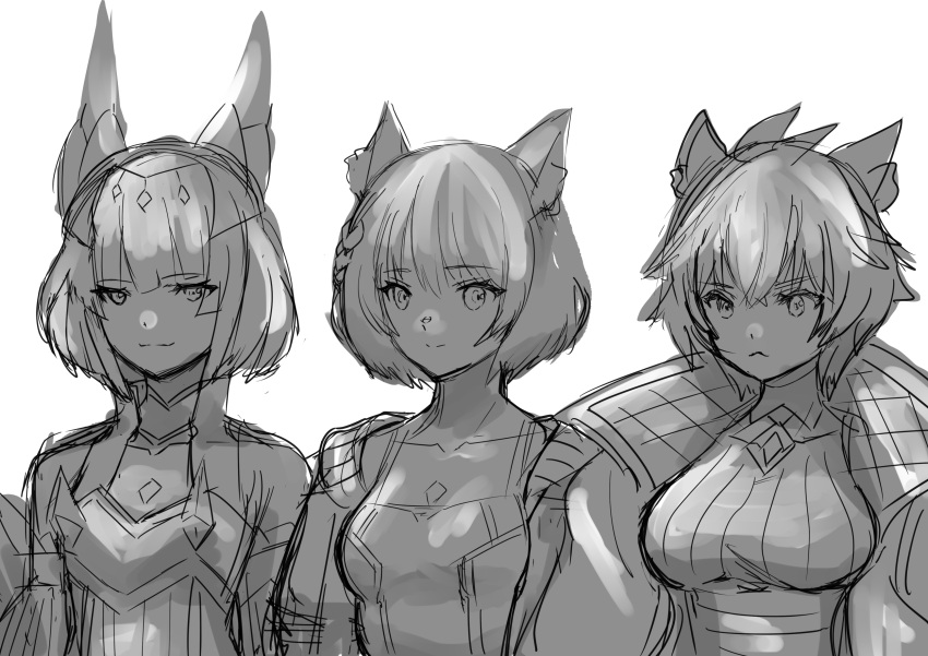 3girls absurdres animal_ears blunt_bangs breasts camisole cat_ears cat_girl chest_jewel clothing_cutout core_crystal_(xenoblade) crystal diamond_cutout facial_mark gloves grey_hair highres jacket karian909 large_breasts looking_at_viewer medium_breasts messy_hair mio_(xenoblade) multiple_girls na'el_(xenoblade) nia_(xenoblade) romper short_hair shorts simple_background small_breasts smile tank_top white_camisole white_jacket white_tank_top xenoblade_chronicles_(series) xenoblade_chronicles_3 xenoblade_chronicles_3:_future_redeemed yellow_eyes