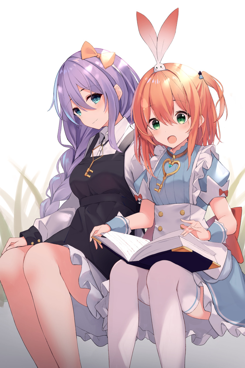 2girls :o absurdres animal_ears black_dress blue_dress blush book bow braid breasts brown_hair closed_mouth collared_shirt commentary_request dress dress_shirt fake_animal_ears feet_out_of_frame frilled_dress frills green_eyes hair_between_eyes hairbow highres key long_hair long_sleeves mizu_(lzzrwi603) multiple_girls one_side_up open_book open_mouth princess_connect! puffy_short_sleeves puffy_sleeves purple_hair rabbit_ears rino_(princess_connect!) rino_(wonderland)_(princess_connect!) shirt shizuru_(princess_connect!) short_sleeves siblings single_braid sisters sitting sleeveless sleeveless_dress sleeves_past_wrists thighhighs very_long_hair white_legwear white_shirt wrist_cuffs yellow_bow