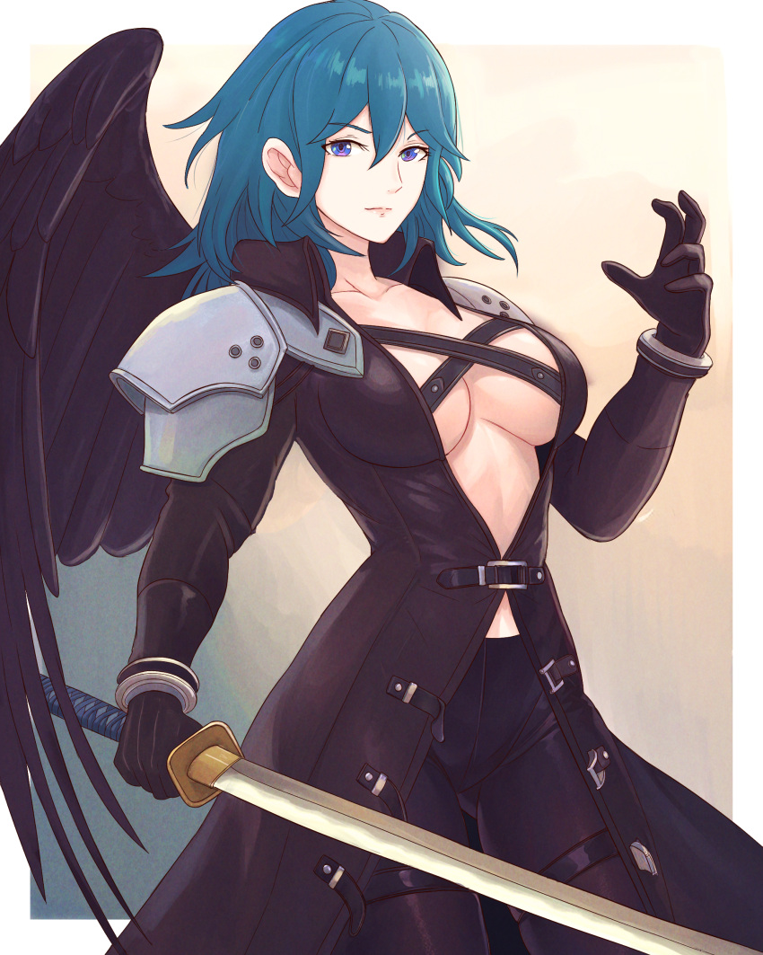 absurdres alternate_costume armor armpits black_feathers black_gloves black_wings blue_hair breasts byleth_(female)_(fire_emblem) byleth_(fire_emblem) center_opening chest_strap cleavage cosplay english_commentary feathered_wings feathers female final_fantasy final_fantasy_vii fire_emblem fire_emblem:_three_houses gloves gradient_background hair_between_eyes highres holding holding_sword holding_weapon jacket katana large_breasts leather leather_gloves leather_jacket leather_pants long_coat multicolored_eyes pants sephiroth sephiroth_(cosplay) short_hair shoulder_armor solo super_smash_bros. sword truejekart weapon wings