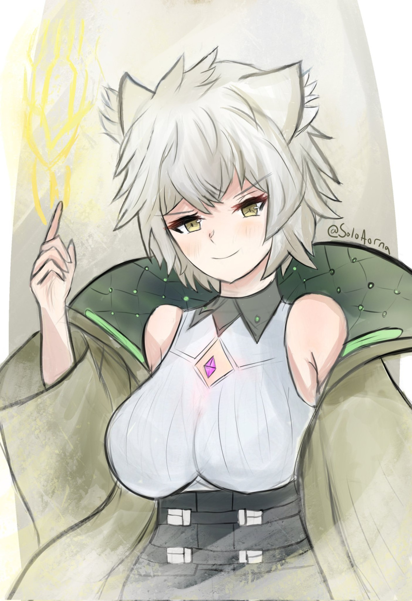 animal_ears breasts cat_ears cat_girl chest_jewel clothing_cutout core_crystal_(xenoblade) crystal diamond_cutout female fingerless_gloves gloves high-waist_shorts highres large_breasts looking_at_viewer messy_hair na'el_(xenoblade) romper short_hair short_shorts shorts simple_background solo soloaorna xenoblade_chronicles_(series) xenoblade_chronicles_3 xenoblade_chronicles_3:_future_redeemed yellow_eyes