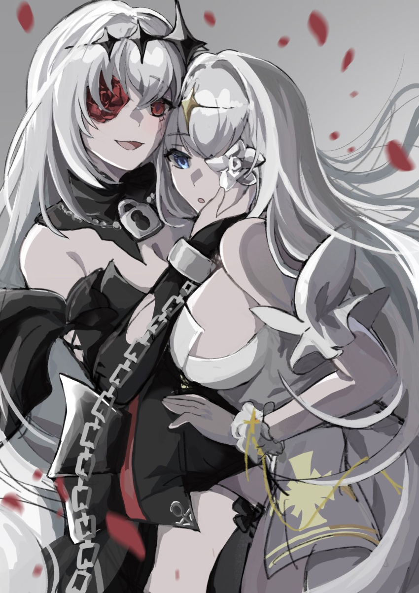 2girls azur_lane black_dress blue_eyes breasts chains chinese_commentary commentary dress dual_persona emden_(azur_lane) eyepatch flower grey_background hair_ornament highres large_breasts long_hair looking_at_another looking_down multiple_girls muzi_(muaz) open_mouth petals red_eyes red_flower red_rose rose scar scar_across_eye siblings sideboob smile white_dress white_flower white_hair white_rose