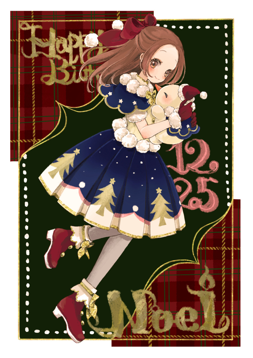 aikatsu! aikatsu!_(series) aikatsu_on_parade! alternate_hair_color birthday blue_dress boots border bow bowtie brown_eyes brown_hair capelet character_name christmas christmas_tree commentary dated dress female footwear_bow forehead from_side full_body fur_trim gloves gold_trim green_background hair_intakes hairbow half_updo happy_birthday highres holding_snowman koedo long_hair looking_at_viewer looking_to_the_side multicolored_clothes multicolored_dress otoshiro_noel outside_border pantyhose pink_dress plaid plaid_background pleated_dress pom_pom_(clothes) red_background red_bow red_footwear red_gloves shoes sideways_glance snow_print snowman solo star_(symbol) star_print tree_print white_border white_dress white_pantyhose yellow_bow yellow_bowtie