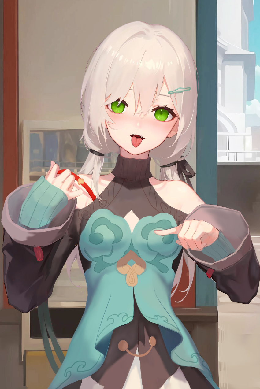 absurdres blush breasts brown_hair c1718259 clothing_cutout dress female green_dress green_eyes hair_ornament hairclip hands_up highres honkai:_star_rail honkai_(series) layered_sleeves long_hair long_sleeves looking_at_viewer low_twintails open_mouth outdoors photo_(object) qingque_(honkai:_star_rail) shoulder_cutout small_breasts tongue tongue_out twintails upper_body