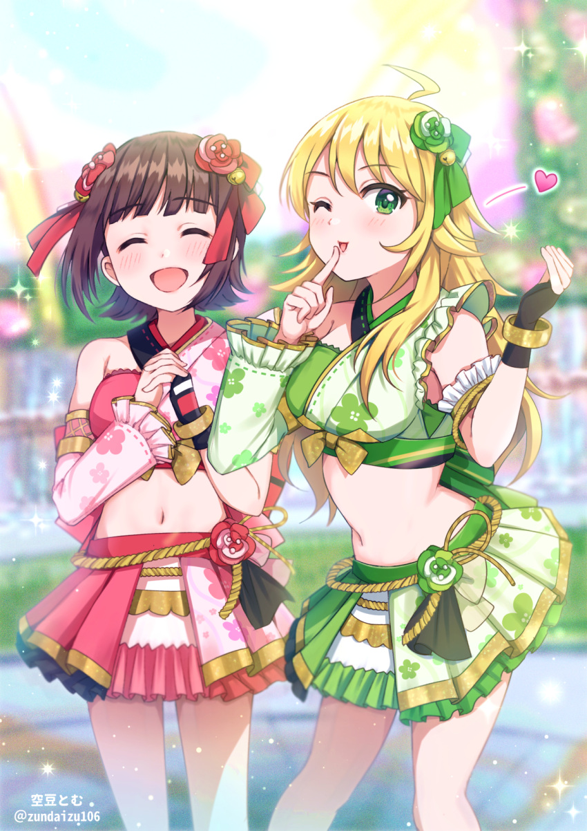 2girls :d ;p ^_^ amami_haruka blonde_hair brown_hair closed_eyes green_eyes green_ribbons green_skirt hair_ribbon highres hoshii_miki idolmaster idolmaster_(classic) long_hair looking_at_viewer midriff multiple_girls navel one_eye_closed pink_skirt red_ribbon ribbon short_hair skirt smile soramame_tomu tongue tongue_out