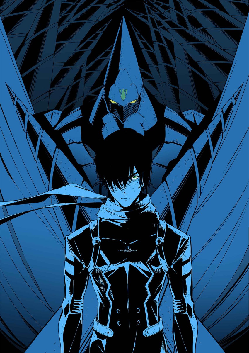 1boy absurdres blue_theme cover_image drill eyebrows_hidden_by_hair getter-2_(devolution) getter_robo getter_robo_devolution green_eyes hair_over_one_eye highres jin_hayato_(devolution) male_focus mecha monochrome official_art pilot_suit robot scarf science_fiction shimizu_eiichi shimoguchi_tomohiro solo super_robot textless_version v-shaped_eyebrows yellow_eyes