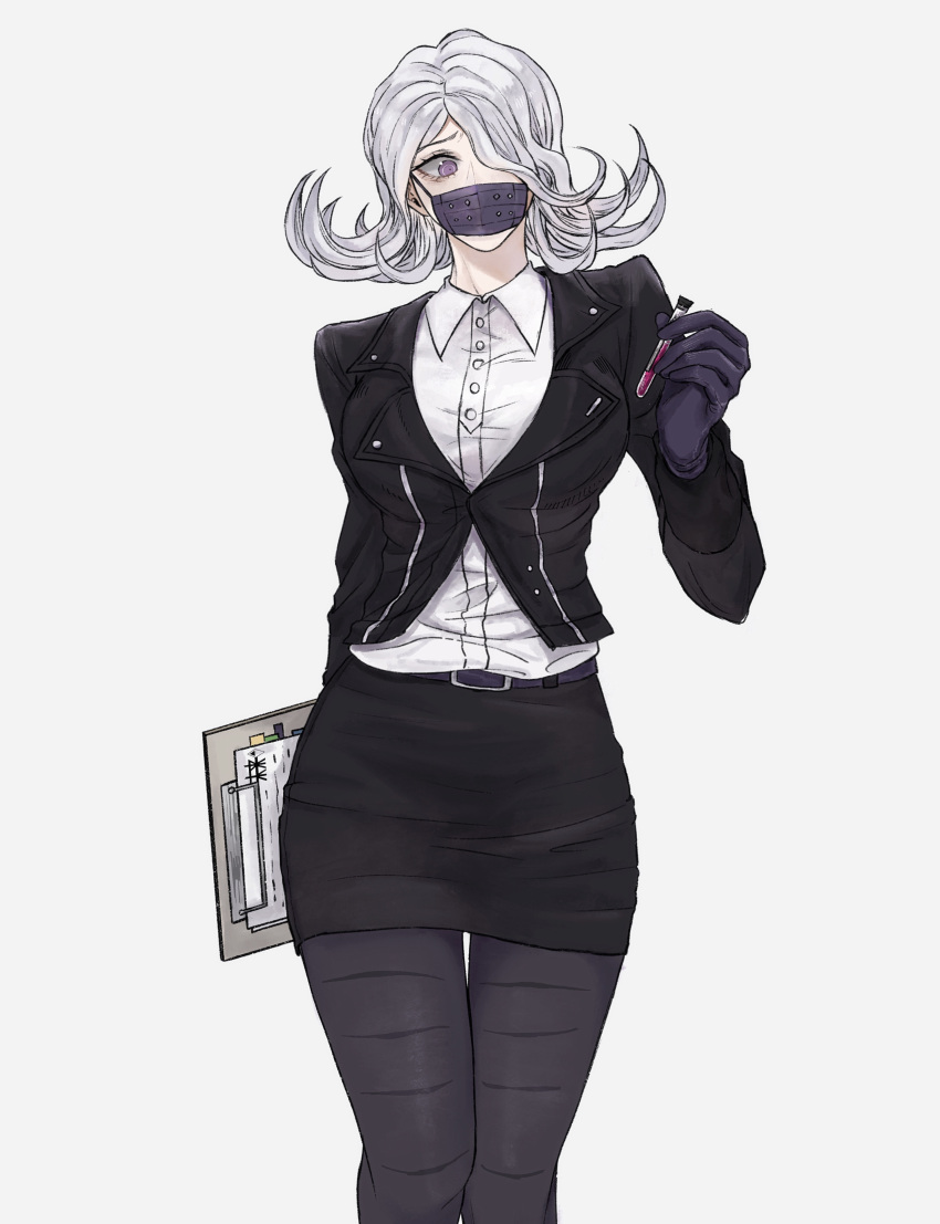 absurdres arm_behind_back black_jacket black_pantyhose black_skirt breasts collared_shirt cowboy_shot danganronpa_(series) danganronpa_3_(anime) dress_shirt female gloves grey_background grey_hair hair_over_one_eye hand_up highres holding jacket kimura_seiko large_breasts mask medium_hair meishi_jiu_he_xingbingle mouth_mask pantyhose pencil_skirt purple_gloves shirt shirt_tucked_in simple_background skirt solo surgical_mask white_shirt