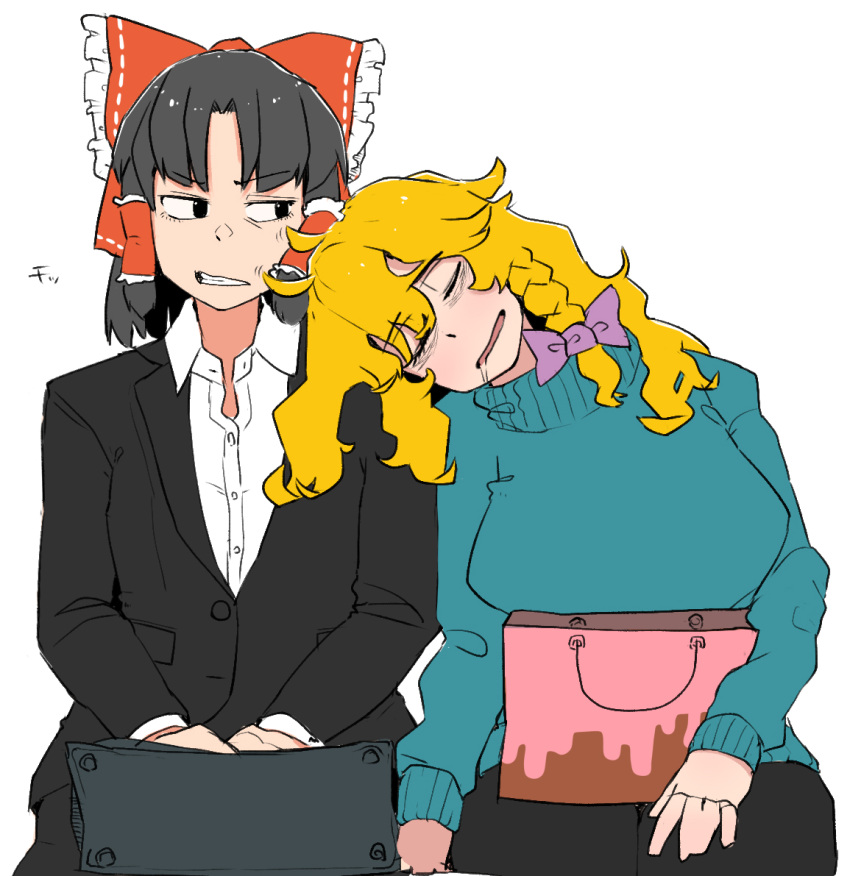 2girls annoyed bad_id bad_link bad_twitter_id bags_under_eyes black_eyes black_hair black_jacket black_skirt blazer blonde_hair blue_sweater bow braid breasts collared_shirt commentary_request cookie_(touhou) cowboy_shot drooling frilled_bow frilled_hair_tubes frills hair_tubes hairbow hakurei_reimu jacket kirisame_marisa large_breasts leaning_on_person long_hair long_sleeves looking_at_another looking_to_the_side mars_(cookie) medium_breasts mouth_drool multiple_girls office_lady ohasi open_mouth pink_bag purple_bow red_bow sananana_(cookie) shirt short_hair shoulder_rest side_braid simple_background single_braid skirt sleeping source_request suitcase sweater touhou white_background white_shirt