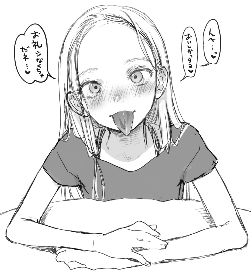 blush female forehead greyscale haguhagu_(rinjuu_circus) highres long_hair looking_at_viewer monochrome nose_blush original own_hands_together pov_across_table sasha_(haguhagu) shirt short_sleeves simple_background smile solo table tongue tongue_out translation_request upper_body white_background