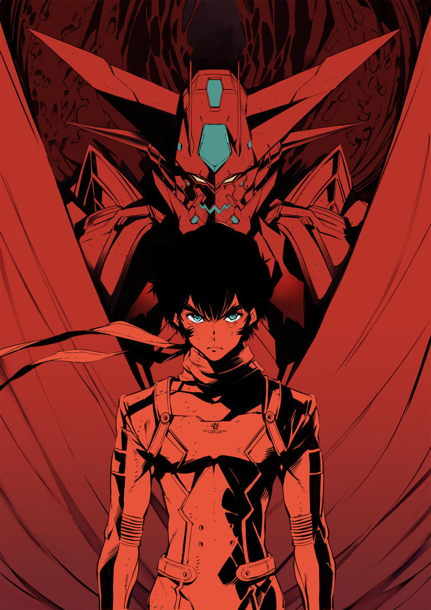 1boy cover_image getter-1_(devolution) getter_robo getter_robo_devolution green_eyes highres looking_at_viewer male_focus mecha monochrome nagare_ryoma_(devolution) official_art pilot_suit red_theme robot scarf science_fiction shimizu_eiichi shimoguchi_tomohiro super_robot textless_version v-shaped_eyebrows