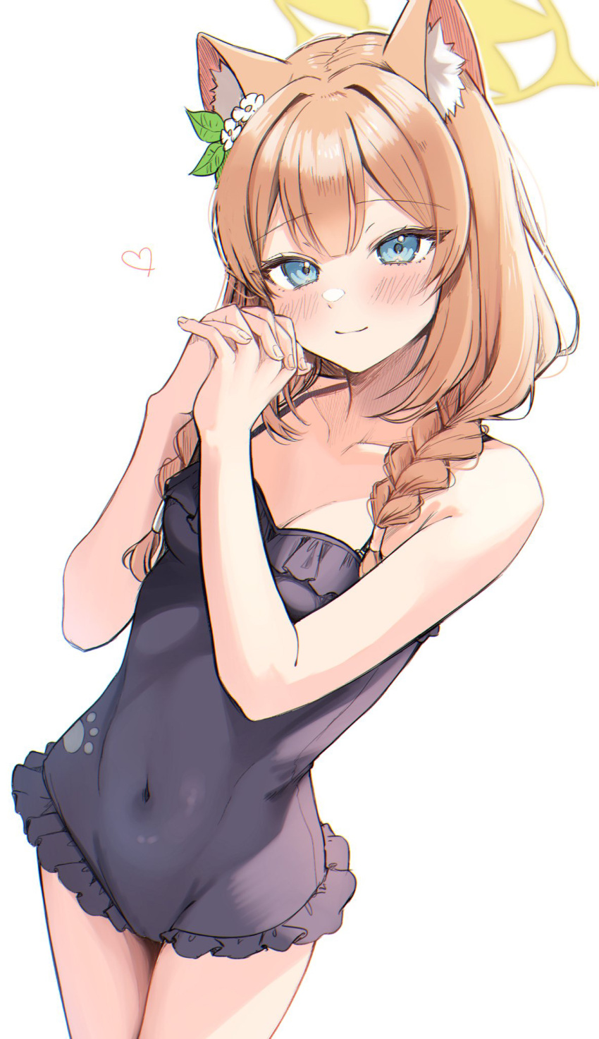 animal_ears black_one-piece_swimsuit blue_archive blue_eyes blush braid breasts casual_one-piece_swimsuit cleavage closed_mouth collarbone female fingernails flower hair_flower hair_ornament halo highres interlocked_fingers light_smile long_hair looking_at_viewer mari_(blue_archive) mari_(swimsuit)_(blue_archive) medium_breasts official_alternate_costume one-piece_swimsuit orange_hair own_hands_together paw_print simple_background smile solo swimsuit takio_(kani_sama) twin_braids white_background yellow_halo