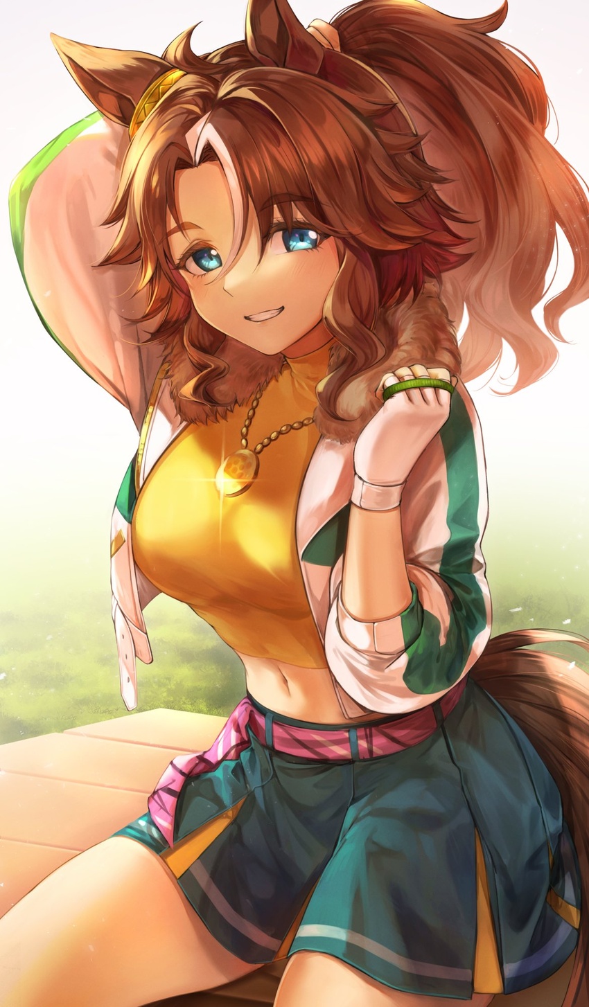 animal_ears belt blue_eyes breasts brown_hair commentary crop_top cropped_jacket feet_out_of_frame female fingerless_gloves glint gloves grass hairband highres holding holding_own_hair horse_ears horse_girl horse_tail jacket jewelry long_hair long_sleeves medium_breasts mejiro_palmer_(umamusume) midriff multicolored_hair navel necklace nihudau open_clothes open_jacket ponytail shirt sitting skirt smile solo streaked_hair tail tying_hair umamusume white_hair