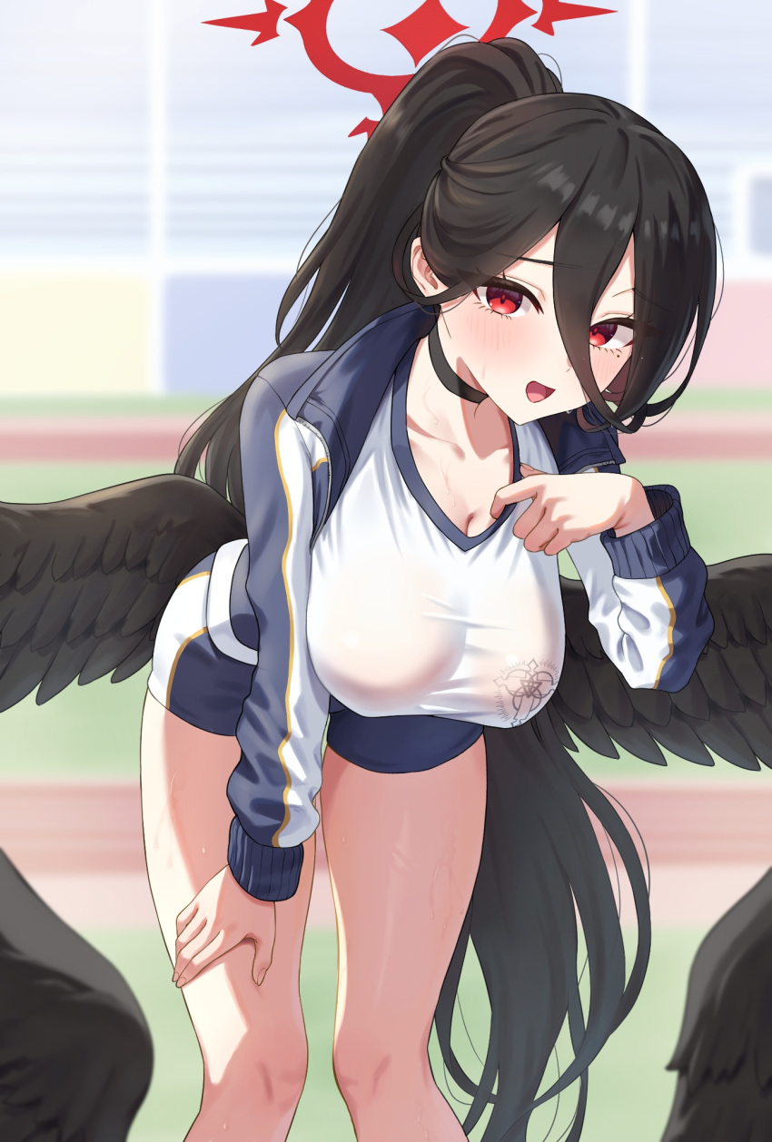 bare_legs bent_over black_choker black_hair black_wings blue_archive blurry blurry_background breasts choker cleavage collarbone feathered_wings feet_out_of_frame female gym_shirt gym_shorts gym_uniform hair_between_eyes halo hand_on_own_thigh hanging_breasts hasumi_(blue_archive) hasumi_(track)_(blue_archive) highres jacket kadokadokado large_breasts large_wings long_bangs long_hair looking_at_viewer low_wings mole mole_under_eye no_bra official_alternate_costume open_mouth ponytail red_eyes red_halo shirt short_shorts shorts smile solo track_and_field track_jacket tsurime very_long_hair wings