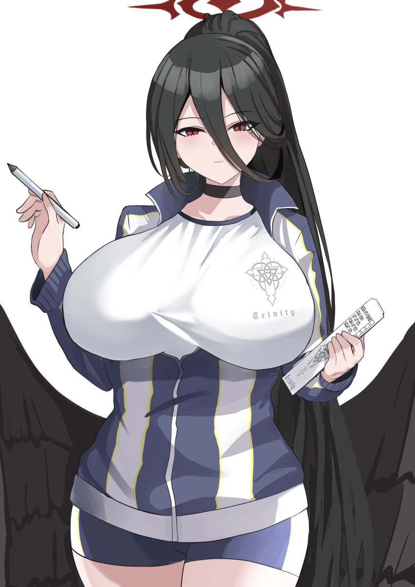 absurdres black_hair black_wings blue_archive blue_jacket blue_shorts blush breasts choker collarbone feathered_wings female gym_uniform hair_between_eyes halo hasumi_(blue_archive) hasumi_(track)_(blue_archive) high_ponytail highres huge_breasts jacket long_hair long_sleeves looking_at_viewer low_wings mole mole_under_eye official_alternate_costume red_eyes shirt short_shorts shorts simple_background solo thighs tian_kazuki very_long_hair white_background white_shirt wings