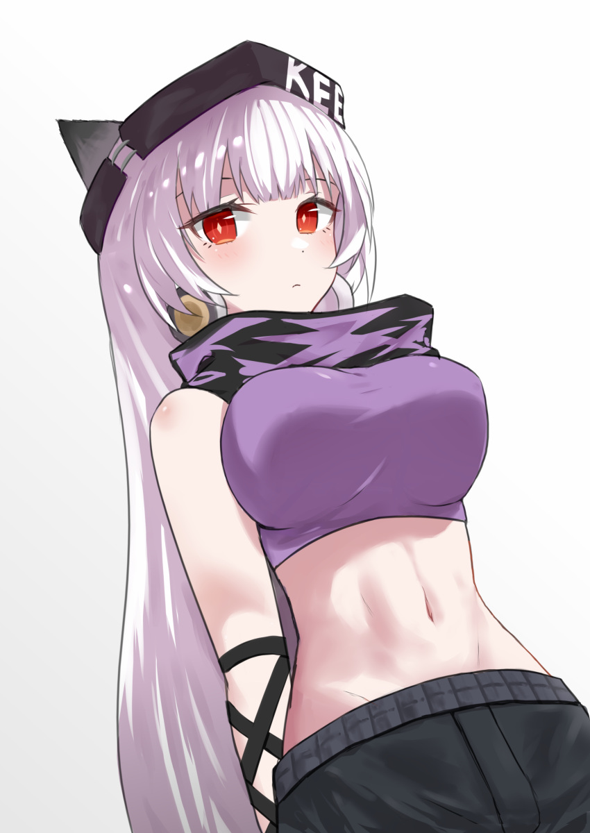 absurdres animal_ears arknights bare_shoulders black_headwear black_pants breasts c2_jun commentary crop_top female fox_ears frostleaf_(arknights) frostleaf_(breaking_the_ice)_(arknights) gradient_background grey_background highres long_hair looking_at_viewer midriff navel official_alternate_costume open_clothes pants purple_shirt red_eyes shirt sleeveless sleeveless_shirt solo stomach upper_body very_long_hair white_background white_hair