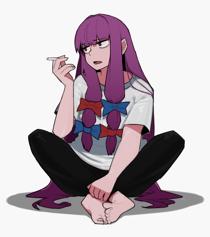 alternate_costume bad_id bad_twitter_id barefoot black_pants blue_bow blunt_bangs bow cigarette commentary cookie_(touhou) feet female full_body hairbow highres indian_style long_hair looking_afar looking_to_the_side multi-tied_hair ohasi open_mouth pants patchouli_knowledge purple_eyes purple_hair red_bow shirt simple_background sitting smoking soles solo t-shirt taisa_(cookie) toes touhou very_long_hair white_background white_shirt