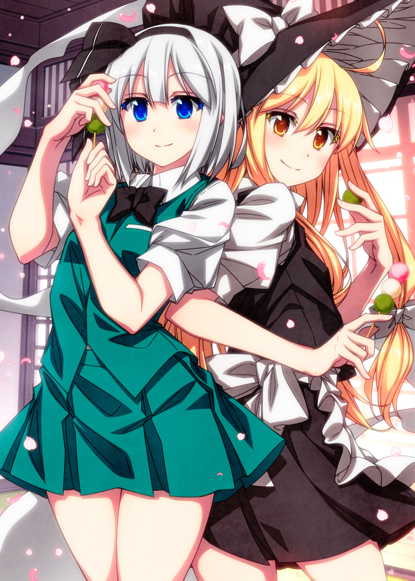 2girls ahoge apron arm_up back_bow black_bow black_bowtie black_dress black_hairband black_headwear black_ribbon blonde_hair blush bow bowtie breasts closed_mouth collared_shirt commentary_request dango door dress fingernails food frills from_behind ghost grass green_skirt green_vest hair_between_eyes hairband hands_up hat hat_bow highres hitodama house kirisame_marisa konpaku_youmu konpaku_youmu_(ghost) long_hair looking_at_viewer looking_back medium_breasts multiple_girls petals pocket puffy_short_sleeves puffy_sleeves ribbon sazanami_mio shirt short_hair short_sleeves skirt smile standing touhou vest wagashi wall white_apron white_bow white_hair white_shirt window witch_hat