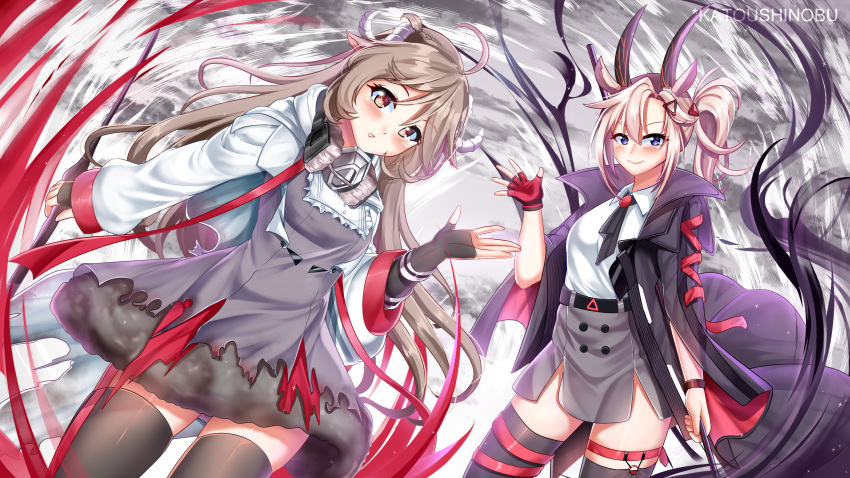 2girls absurdres animal_ears arknights blonde_hair blue_eyes brown_eyes brown_hair curled_horns dress earthspirit_(arknights) earthspirit_(elite_ii)_(arknights) eyjafjalla_(arknights) fur-trimmed_dress fur_trim goat_horns goggles grey_dress highres horns katou_shinobu mask mask_around_neck multiple_girls respirator sheep_ears sheep_horns torn_clothes torn_coat torn_dress unworn_goggles wool