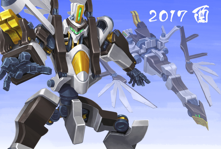 2017 alternate_form assault_visor chinese_zodiac highres mecha nengajou new_year no_humans nue_(fk3203) open_hands original projected_inset robot science_fiction solo_focus year_of_the_rooster