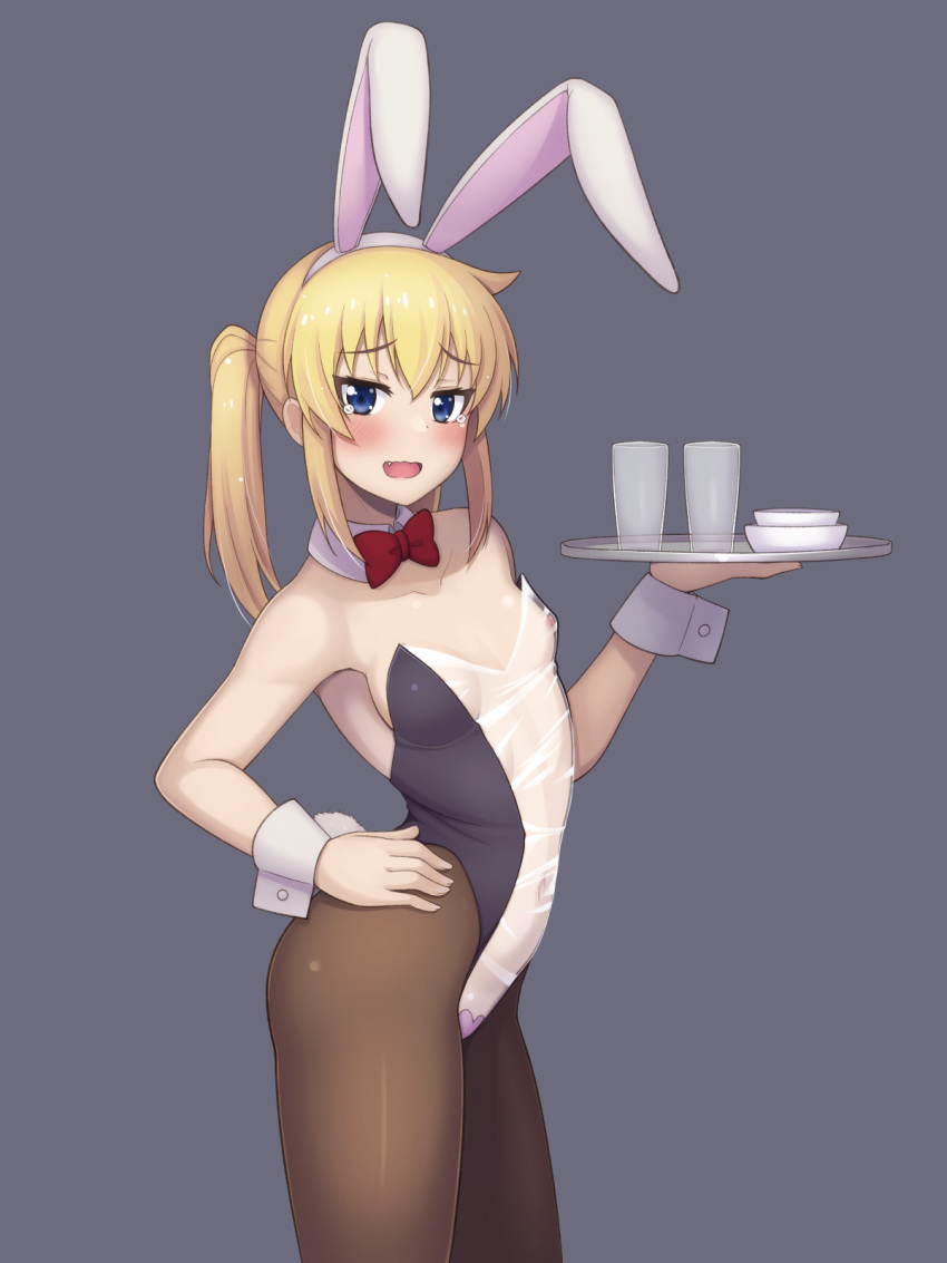 alfort_(may0508) animal_ears blonde_hair blue_eyes bow bowl bowtie breasts crying crying_with_eyes_open cup detached_collar embarrassed fake_animal_ears female grey_background hand_on_own_hip highres long_riders! meme_attire oerba_yun_fang open_mouth pantyhose playboy_bunny rabbit_ears red_bow red_bowtie saijou_hinako simple_background small_breasts smile solo tears translucent_bunnysuit twintails wrist_cuffs