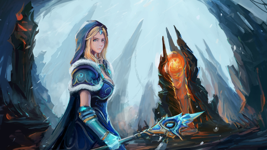 blonde_hair blue_cape blue_eyes blue_sky cape closed_mouth commentary_request crystal_maiden dota_(series) dota_2 facial_mark female forehead forehead_mark fur_collar gauntlets highres holding holding_staff lips long_hair looking_at_viewer outdoors sinkme sky smile solo staff