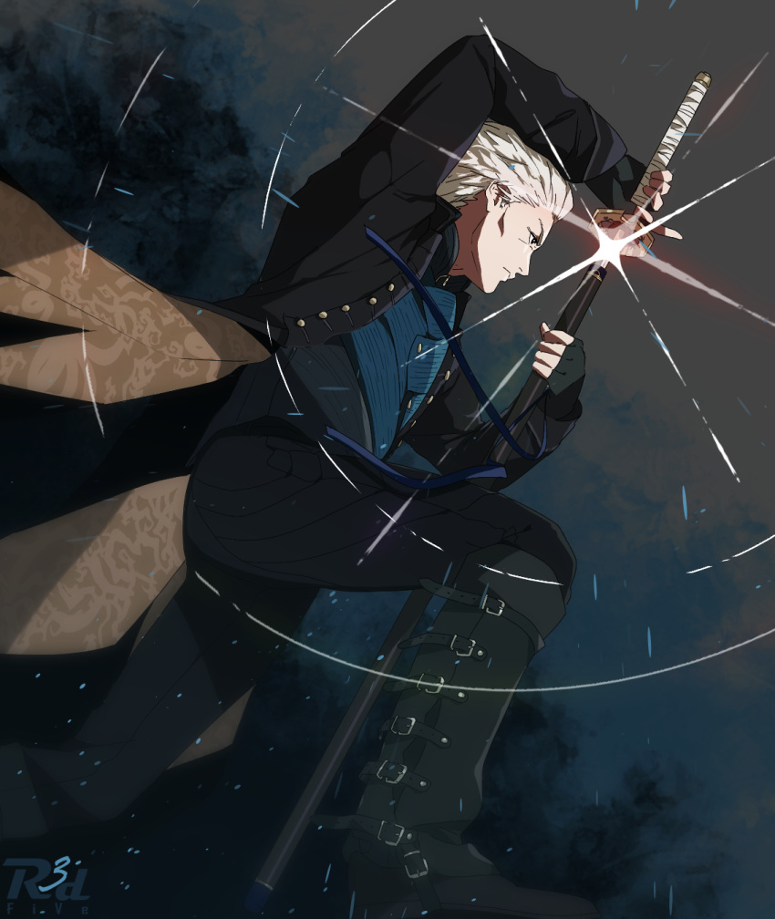 1boy black_coat blue_vest boot_straps boots coat commentary_request devil_may_cry_(series) devil_may_cry_5 fighting_stance fingerless_gloves gloves hair_slicked_back highres katana male_focus print_coat r3dfive sheath solo standing sword tailcoat vergil_(devil_may_cry) vest weapon white_hair yamato_(sword)