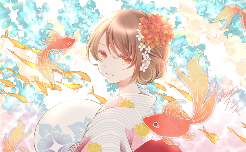 animal bad_id bad_pixiv_id blue_flower brown_hair closed_mouth commentary english_commentary eyebrows_hidden_by_hair female fish floral_print flower from_side goldfish hair_between_eyes hair_bun hair_flower hair_ornament hand_fan highres japanese_clothes kimono looking_at_viewer looking_to_the_side original paper_fan print_kimono red_eyes red_flower sheepd single_hair_bun smile solo striped_clothes striped_kimono uchiwa upper_body vertical-striped_clothes vertical-striped_kimono white_flower white_kimono yukata