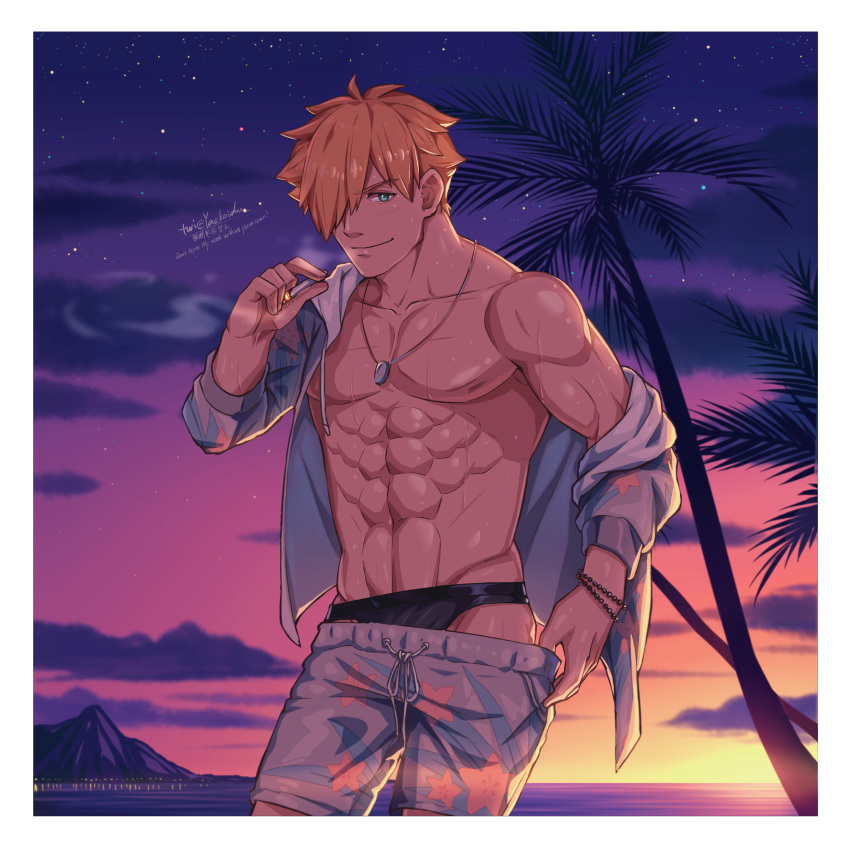 1boy abs absurdres bara bare_pectorals black_male_swimwear blue_male_swimwear cigarette fate/grand_order fate_(series) feet_out_of_frame hair_over_one_eye hawaiian_shirt highres looking_at_viewer male_focus male_swimwear navel nipples official_alternate_costume open_clothes open_shirt opened_by_self outdoors pectorals robin_hood_(fate) robin_hood_(summer_hunter)_(fate) seductive_smile shirt short_hair single_bare_shoulder smile smoking solo stomach sunset swim_briefs swim_trunks toned toned_male tree undressing yaekaidou