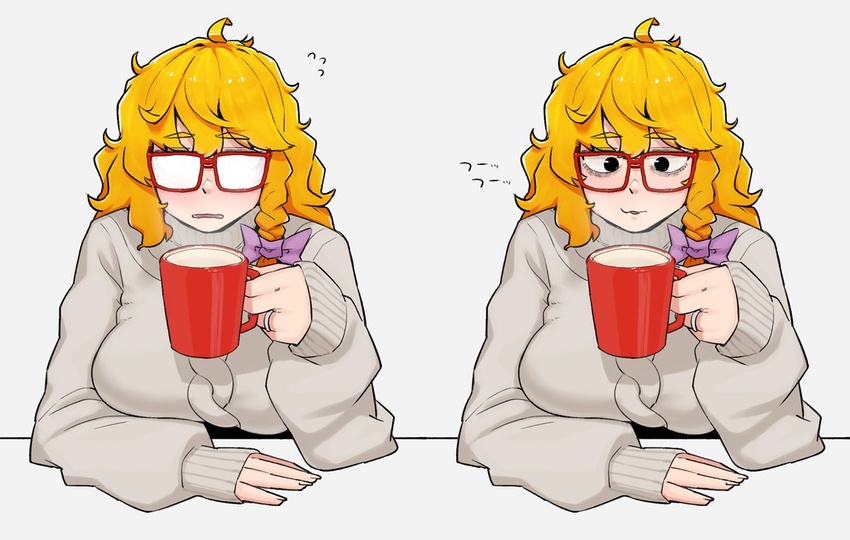 bad_id bad_twitter_id bags_under_eyes bespectacled blonde_hair bow braid breasts coffee_mug commentary cookie_(touhou) cup female fogged_glasses glasses grey_sweater hairbow kirisame_marisa large_breasts long_hair looking_down mars_(cookie) mug ohasi open_mouth purple_bow red-framed_eyewear side_braid simple_background single_braid steam sweater touhou upper_body white_background