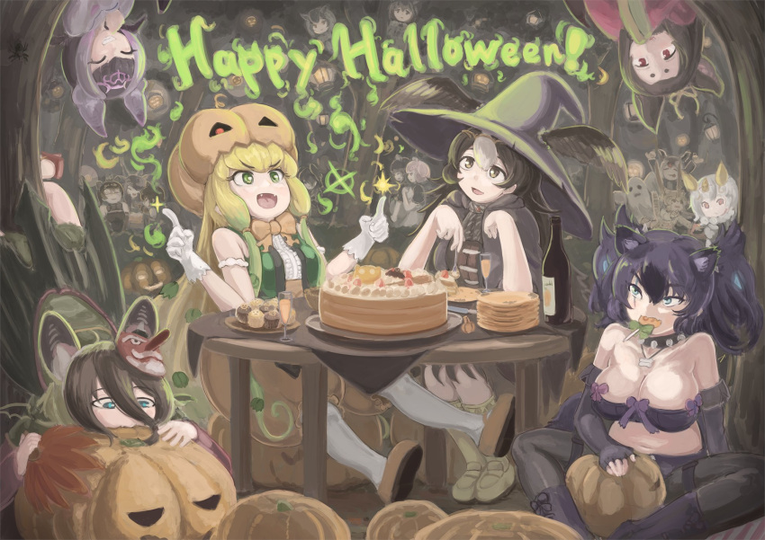 6+girls animal_ears atlantic_puffin_(kemono_friends) australian_devil_(kemono_friends) bat_ears bat_girl bat_wings big_hair bird_wings biting black_hair blackbuck_(kemono_friends) blonde_hair bone_necklace breasts brown_hair brown_long-eared_bat_(kemono_friends) bug cake candy cave cerberus_(kemono_friends) cleavage collar common_vampire_bat_(kemono_friends) dog_ears drink eurasian_eagle_owl_(kemono_friends) extra_ears fangs food food_in_mouth gloves green_hair grin halloween hands_up happy_halloween hat highres hilgendorf's_tube-nose_bat_(kemono_friends) honduran_white_bat_(kemono_friends) index_finger_raised jack-o'-lantern jack-o'-lantern_(kemono_friends) jungle_crow_(kemono_friends) kemono_friends large_breasts lollipop looking_up malayan_tapir_(kemono_friends) mouth_hold multicolored_hair multiple_girls northern_white-faced_owl_(kemono_friends) ocelot_(kemono_friends) okyao pantyhose pantyhose_under_shorts pig_(kemono_friends) pumpkin pumpkin_hat pumpkin_pants purple_hair scar scar_across_eye scar_on_face shirt shorts sleeveless sleeveless_shirt smile spider spiked_collar spikes strapless striated_caracara_(kemono_friends) tail tasmanian_devil_(kemono_friends) tube_top two_side_up upside-down wings witch_hat