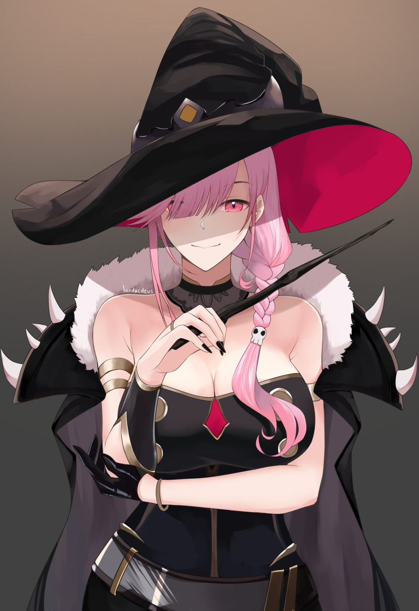 absurdres bare_shoulders black_cape black_gloves black_headwear black_nails bracelet braid breasts cape cleavage female fingernails gloves gradient_background hair_ornament hair_over_one_eye hat highres hololive hololive_english jewelry landacdeus large_breasts long_fingernails mama_mori pink_hair red_eyes side_braid side_ponytail signature single_glove skull_hair_ornament smile wand witch_hat