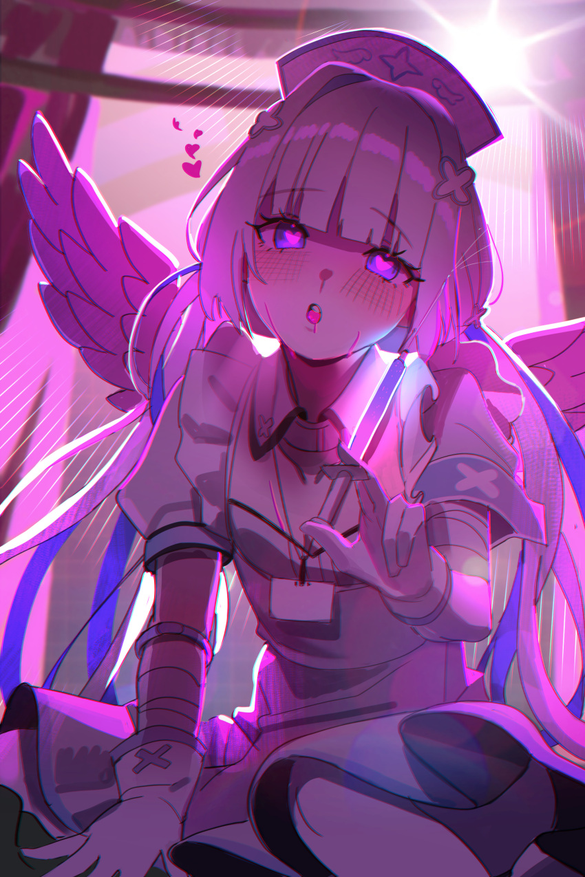 absurdres amane_kanata amane_kanata_(nurse) angel_wings blue_hair blunt_bangs blush colored_inner_hair dress female gloves grey_hair hat heart heart-shaped_pupils highres holding holding_syringe hololive id_card jiki_(gkdlfnzo1245) korean_commentary lens_flare long_hair looking_at_viewer multicolored_hair name_tag nurse nurse_cap official_alternate_hair_length official_alternate_hairstyle open_mouth purple_eyes purple_hair purple_theme single_hair_intake solo streaked_hair symbol-shaped_pupils syringe two-tone_hair virtual_youtuber white_dress white_gloves wings