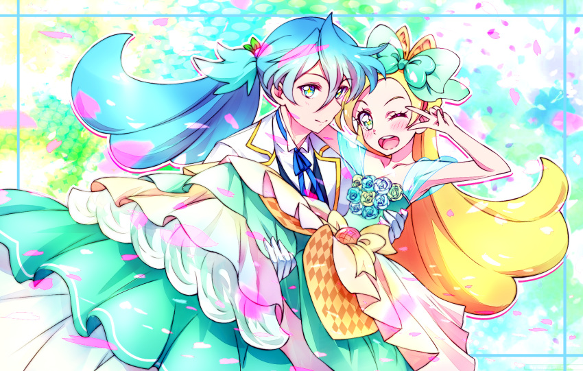 1boy ;d aqua_bow armpits blonde_hair blue_hair blue_ribbon bow brother_and_sister carrying closed_mouth collarbone dress female hair_between_eyes hairbow highres jacket julio_(precure) kirahoshi_ciel kirakira_precure_a_la_mode kyoutsuugengo layered_dress long_dress long_hair neck_ribbon one_eye_closed open_mouth precure princess_carry ribbon siblings sleeveless sleeveless_dress smile symbol-shaped_pupils very_long_hair white_jacket