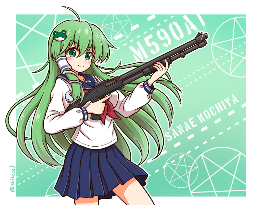 ahoge blue_skirt blush border breasts character_name commentary_request female finger_on_trigger frog_hair_ornament green_background green_eyes green_hair gun hair_ornament highres holding holding_gun holding_weapon kochiya_sanae large_breasts long_hair long_sleeves looking_at_viewer mossberg_590 neckerchief pleated_skirt red_neckerchief school_uniform serafuku shirt shitacemayo shotgun skirt smile snake_hair_ornament solo sparkle standing star_(symbol) thighs touhou trigger_discipline twitter_username weapon white_shirt