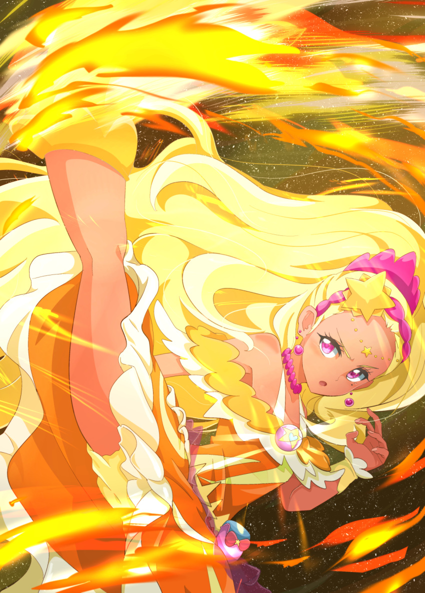 amamiya_elena blonde_hair brooch commentary_request cure_soleil dark-skinned_female dark_skin dress earrings female fire frilled_cuffs frilled_dress frills frown hair_ornament hair_pulled_back hair_scrunchie hairband head_chain high_kick highres jewelry kicking long_hair looking_at_viewer magical_girl mochi_curry mole mole_under_eye necklace off-shoulder_dress off_shoulder open_mouth orange_dress partial_commentary pink_hairband pouch precure purple_eyes scrunchie short_dress shorts shorts_under_dress solo standing star_(symbol) star_brooch star_hair_ornament star_twinkle_precure upskirt very_long_hair white_shorts