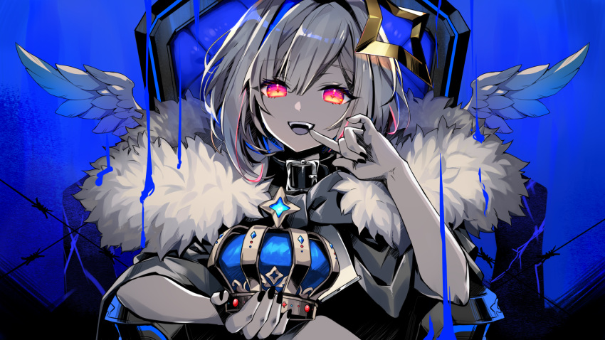 amane_kanata angel_wings bangs banned_artist barbed_wire black_collar black_nails blue_background blue_theme chair coat collar crown crown_removed eyebrows_visible_through_hair female fur-trimmed_coat fur_trim halo highres holding holding_crown hololive king_(vocaloid) looking_at_viewer nail_polish red_eyes ria smile solo teeth throne virtual_youtuber wings