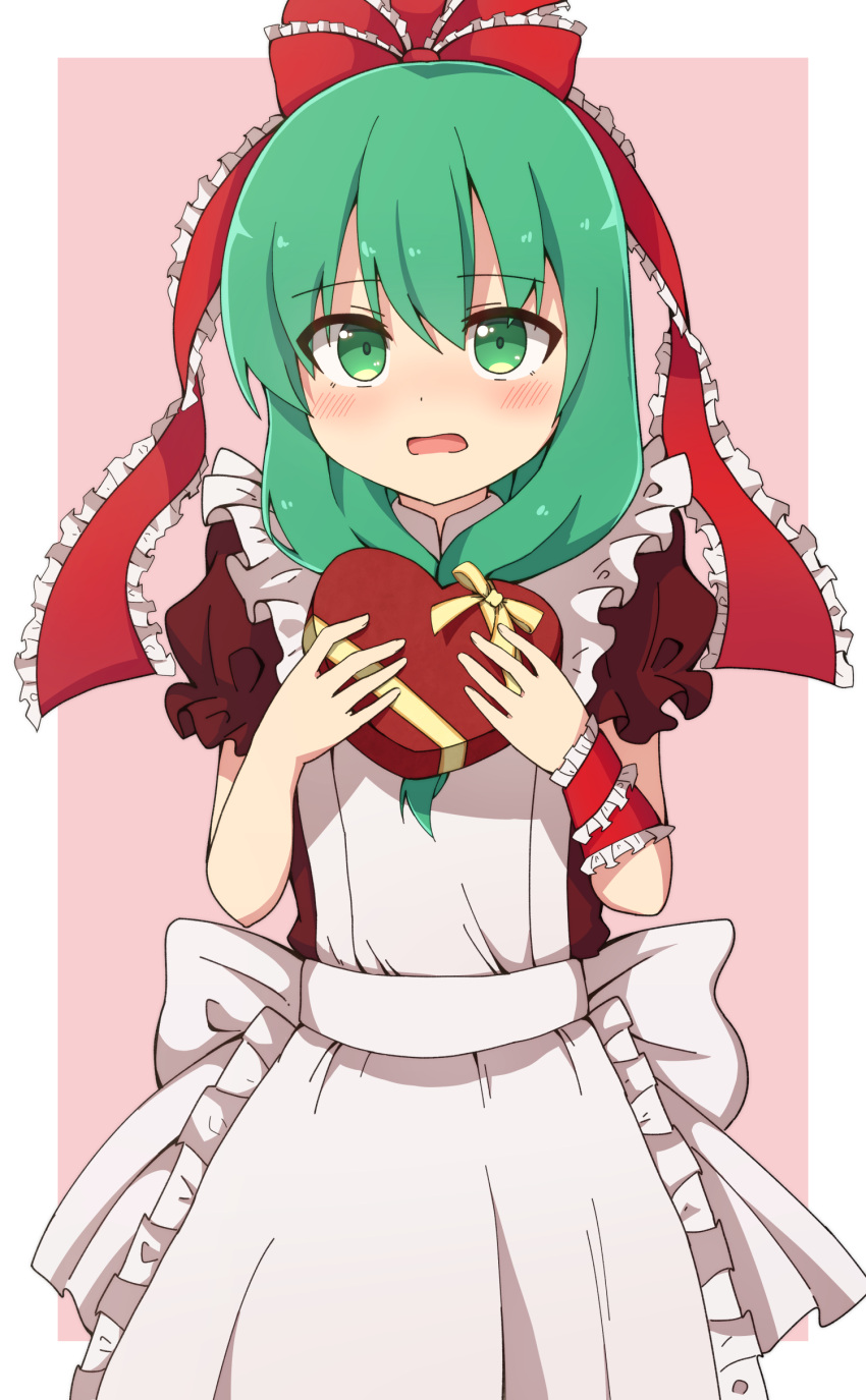 absurdres apron back_bow blush border bow box brown_dress commentary_request dress eyes_visible_through_hair female frills green_eyes green_hair hair_between_eyes hairbow hands_up heart highres kagiyama_hina looking_at_viewer medium_hair open_mouth pinafore_dress pink_background puffy_short_sleeves puffy_sleeves red_bow short_sleeves simple_background sleeveless sleeveless_dress solo tksand touhou upturned_eyes valentine white_apron white_border white_bow yellow_bow