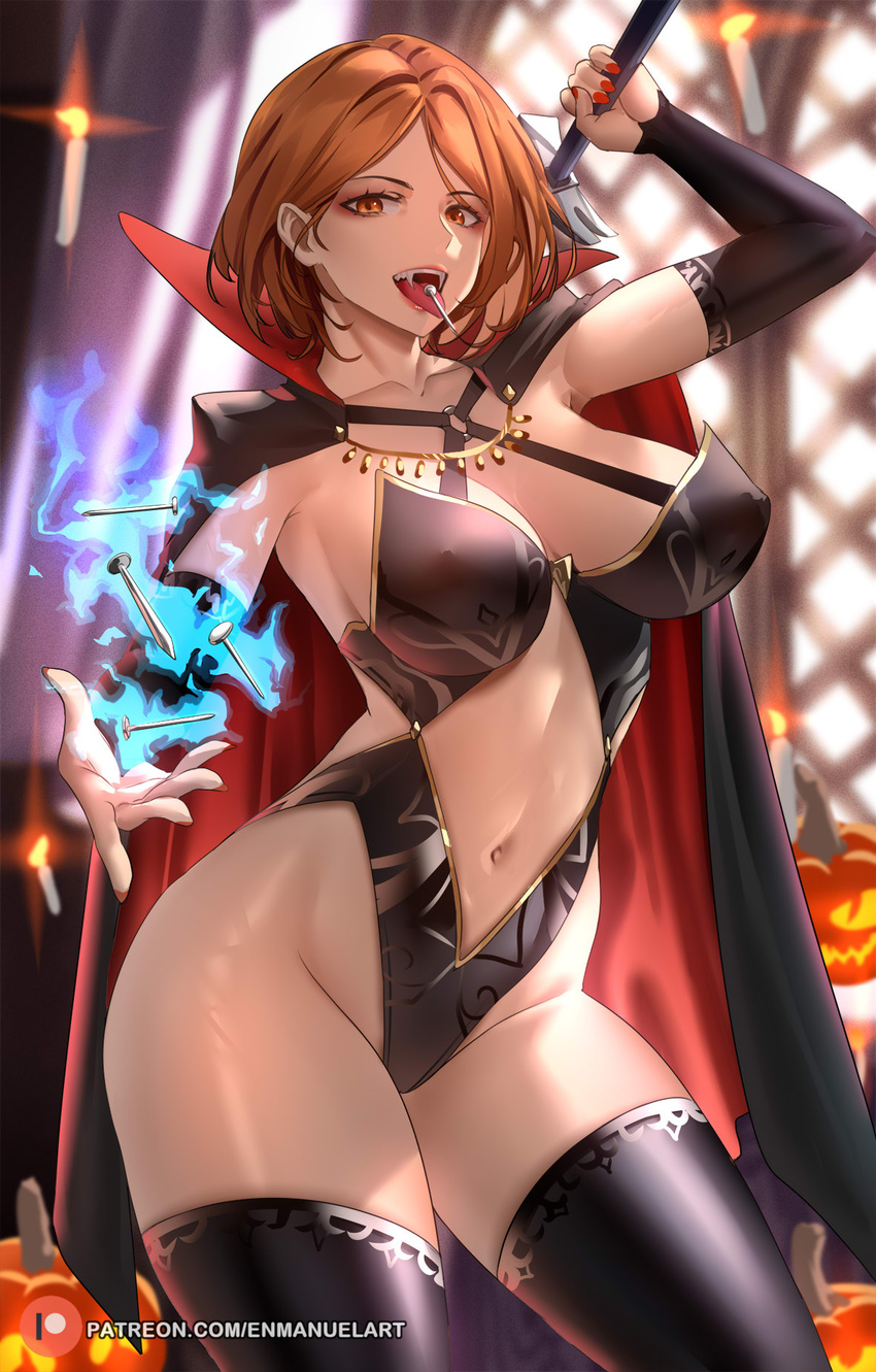 alternate_costume black_thighhighs blurry blurry_background breasts brown_hair candy cape claw_hammer clothing_cutout contrapposto cursed_energy english_commentary enma_(enmanuelart) fangs female food groin halloween_costume hammer highres holding holding_hammer holding_weapon jujutsu_kaisen kugisaki_nobara large_breasts leotard lollipop nail navel red_nails short_hair solo stomach teeth telekinesis thighhighs thighs weapon wide_hips