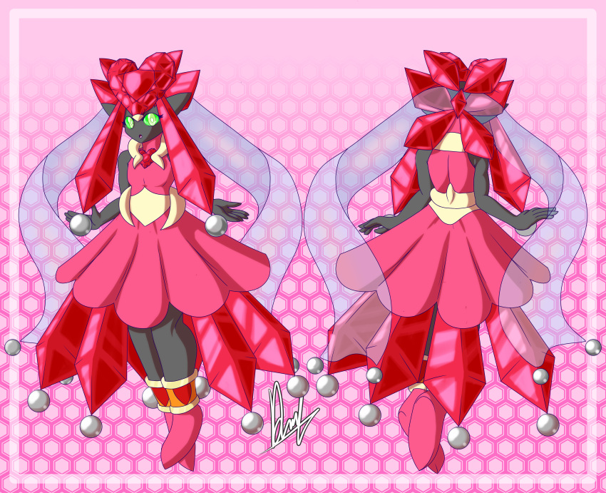 2021 absurd_res anklet anthro boots clothed clothing crossdressing derthevaporeon dress femboy footwear gem generation_6_pokemon green_eyes grey_body grey_skin hi_res jewelry legendary_pokemon looking_at_viewer male mega_diancie mega_evolution metal_balls nintendo pink_clothing pink_dress pokemon pokemon_(species) rock semi-transparent sleeveless_dress solo