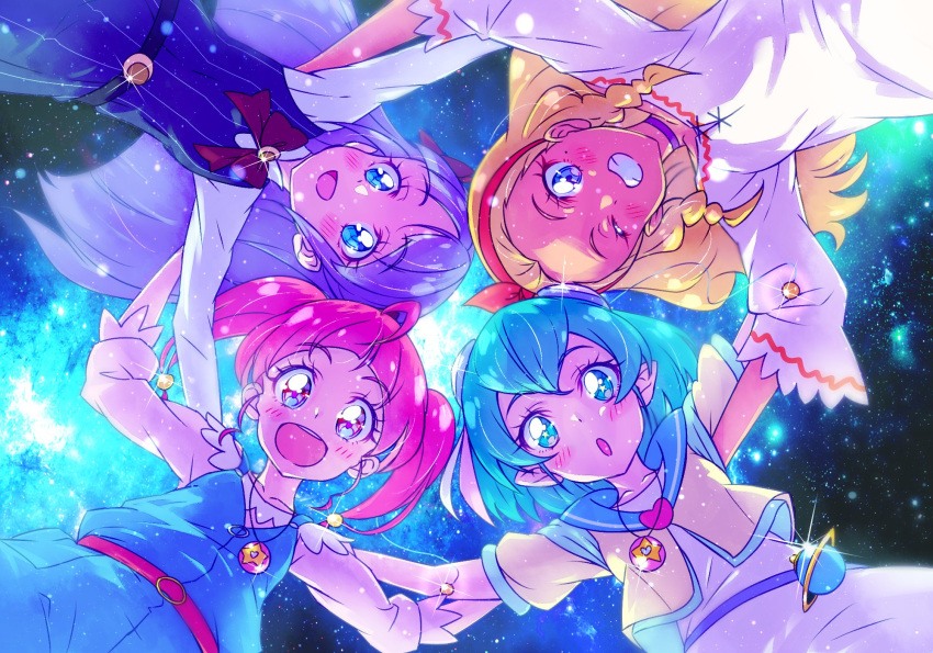 4girls :d :o amamiya_elena blonde_hair blue_eyes blue_hair blue_sailor_collar bow bow_hairband bowtie bun_cover choker collarbone dress from_below grin hagoromo_lala hairband hairbow highres hoshina_hikaru kaguya_madoka kyoutsuugengo leaning_forward long_hair long_sleeves looking_at_viewer medium_hair multiple_girls one_eye_closed open_mouth pink_shirt pointy_ears precure purple_choker purple_hair red_bow red_bowtie red_hair red_hairband sailor_collar shirt short_sleeves sky smile star_(sky) star_twinkle_precure starry_sky twintails white_dress