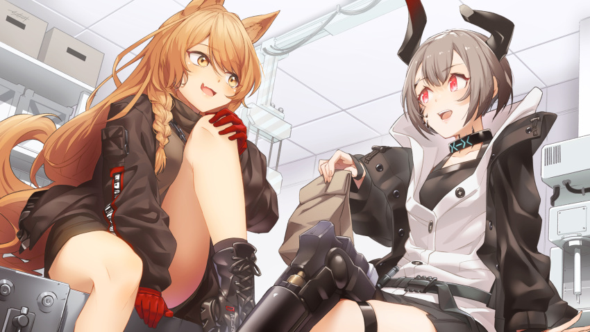 2girls animal_ear_fluff animal_ears arknights bag black_footwear black_jacket black_shorts black_socks black_tank_top boots braid breasts brown_eyes brown_hair brown_shirt ceobe_(arknights) ceobe_(unfettered)_(arknights) chains commentary_request cross-laced_footwear dog_ears dog_girl dog_tail eye_contact feet_out_of_frame gloves grey_hair hair_between_eyes highres holding holding_bag horns indoors jacket knee_up lace-up_boots long_hair long_sleeves looking_at_another medium_breasts multiple_girls official_alternate_costume paper_bag puffy_long_sleeves puffy_sleeves red_eyes red_gloves seto_tinami shirt short_shorts shorts sitting sleeves_past_wrists socks tail tank_top very_long_hair vulcan_(arknights) white_jacket